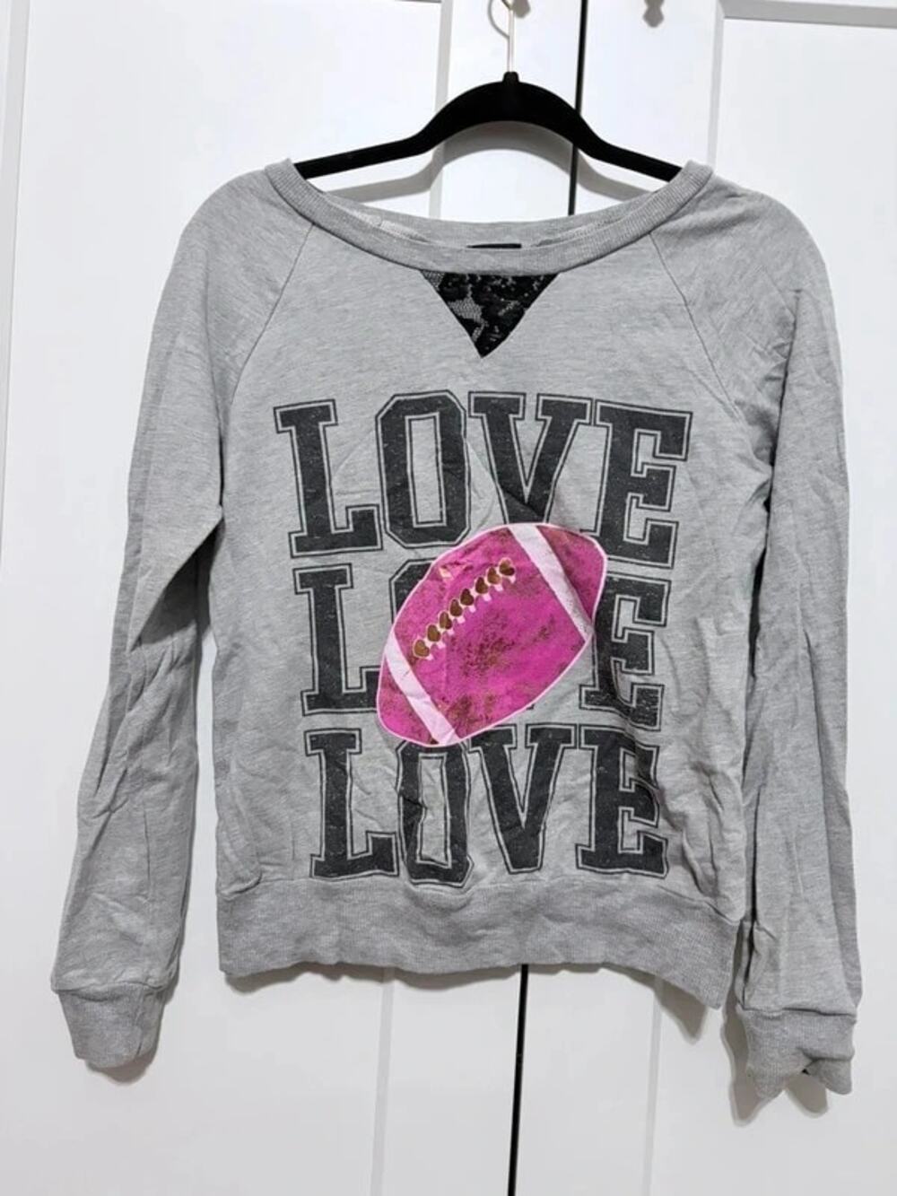 Wet Seal Gray LOVE Football Sweatshirt with Pink Glitter & Lace Size XS